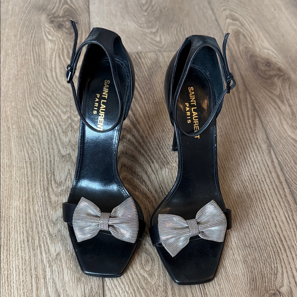 Saint Laurent Paris Black Heels with Silver Bow size 38
